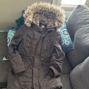 Ecko Unlimited grey warm parka Jacket with Faux Fur Trim M